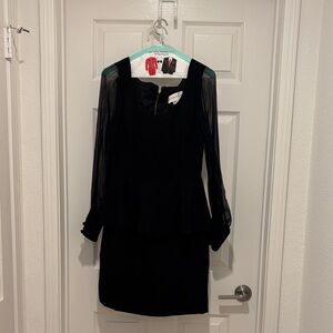 Elaine Turner Black Sheer-Sleeve Peplum Dress
